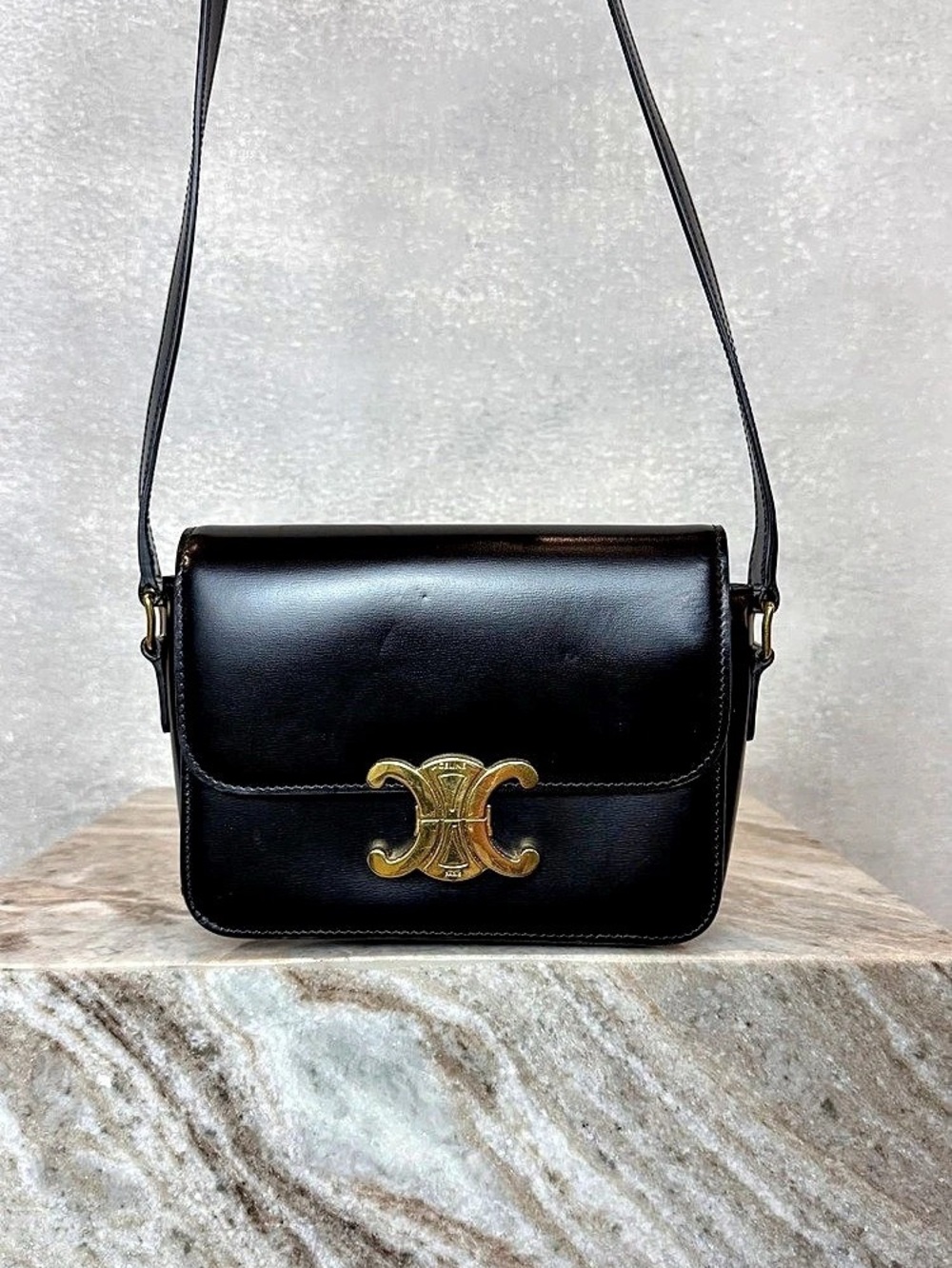 Celine Classique Triomphe Bag in Shiny Calfskin Black Crossbody Bag